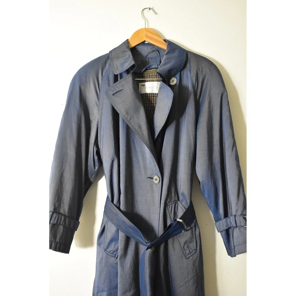 Jones‎ New York Trench Coat Womens Size L Blue Vintage 80s Iridescent Belted USA